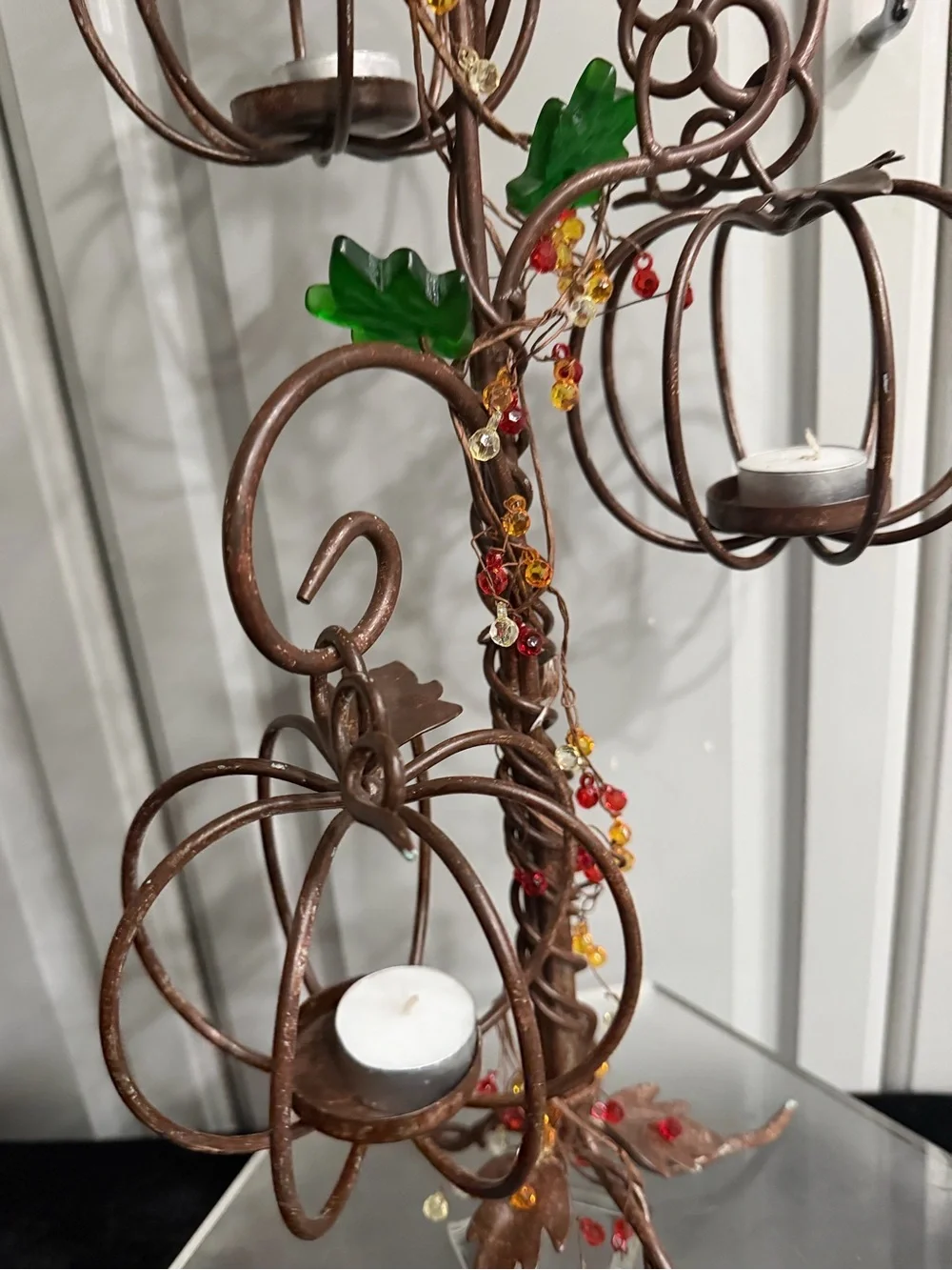 Pottery Barn Rustic Metal Bronze Brown Twig Branch 3 Pumpkins Tealight Holder